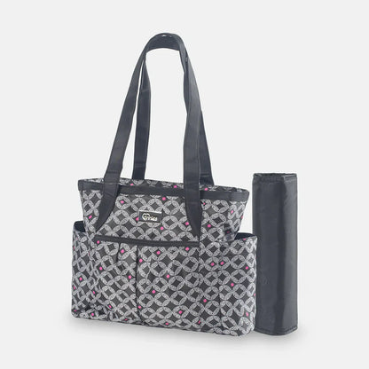 Patterned tote bag with a matching yoga mat on a white background