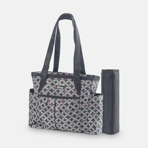 Patterned tote bag with a matching yoga mat on a white background