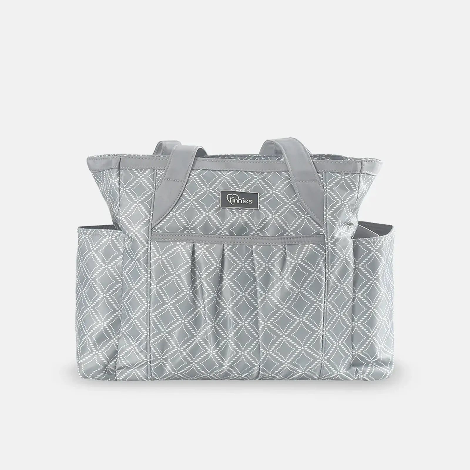 Gray patterned tote bag with a visible brand label on a white background