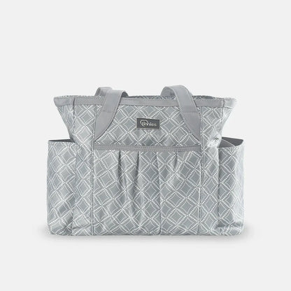 Gray patterned tote bag with a visible brand label on a white background