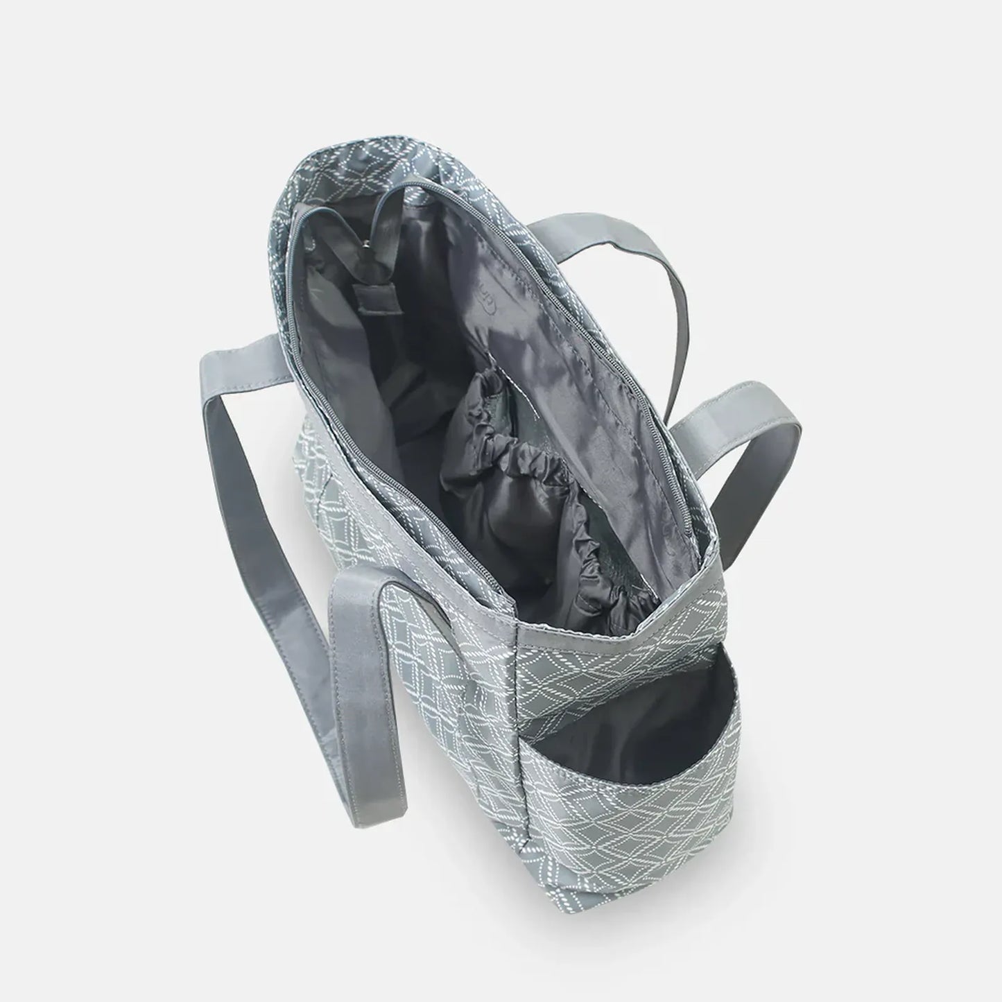 Gray patterned tote bag with a black interior on a white background