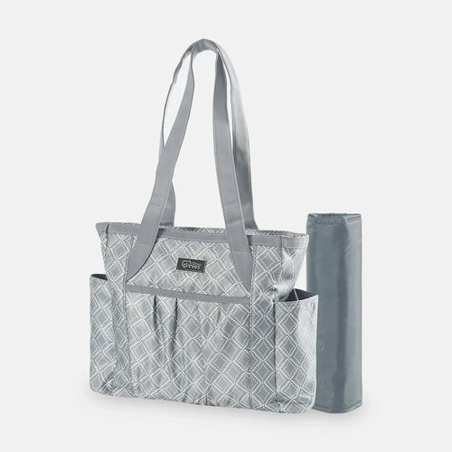 Gray quilted tote bag with a matching pouch on a white background