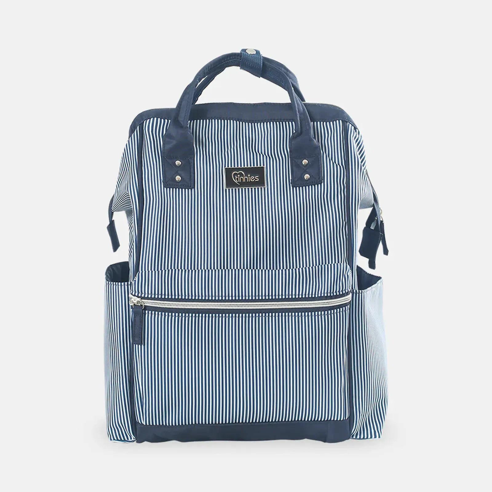 Blue and white striped backpack with a visible brand logo on a white background