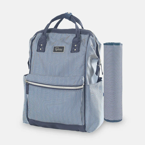 Navy and white striped diaper bag with matching mat on a light gray background