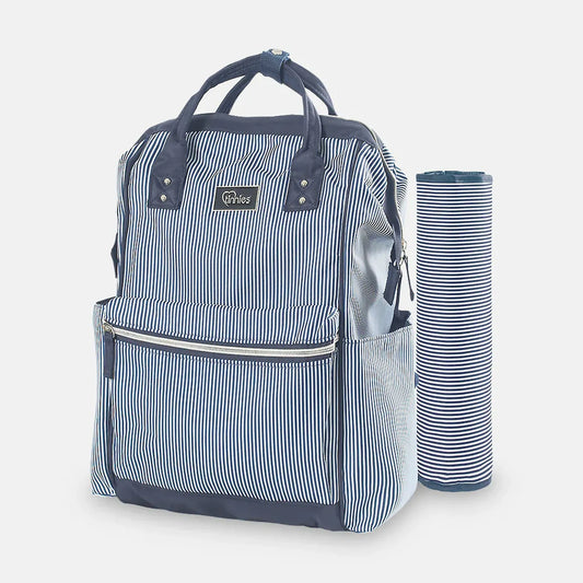 Navy and white striped diaper bag with matching mat on a light gray background