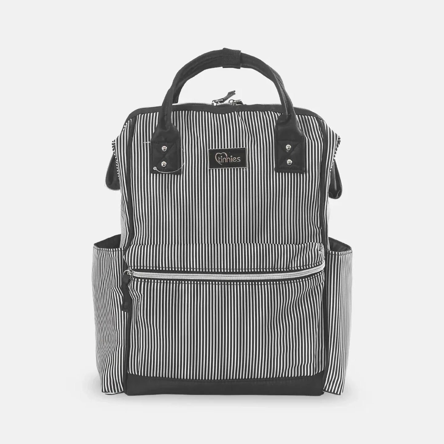 Black and white striped backpack with a visible brand logo on a white background