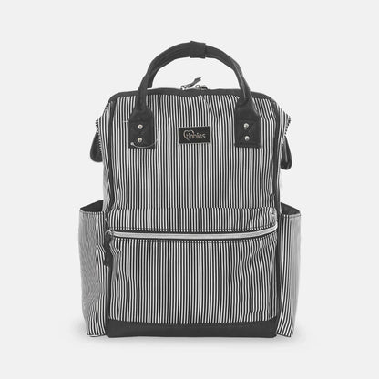 Black and white striped backpack with a visible brand logo on a white background