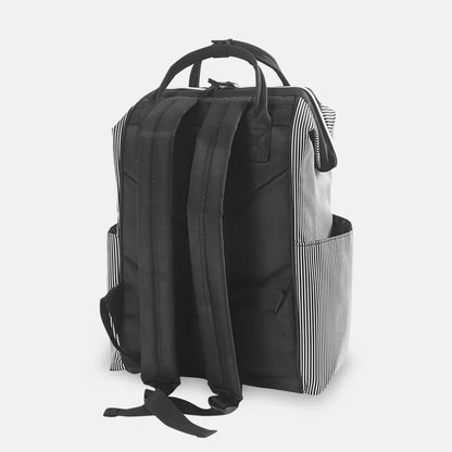 Black backpack with a striped pocket on a white background