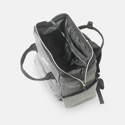 Open backpack with striped pattern on a white background
