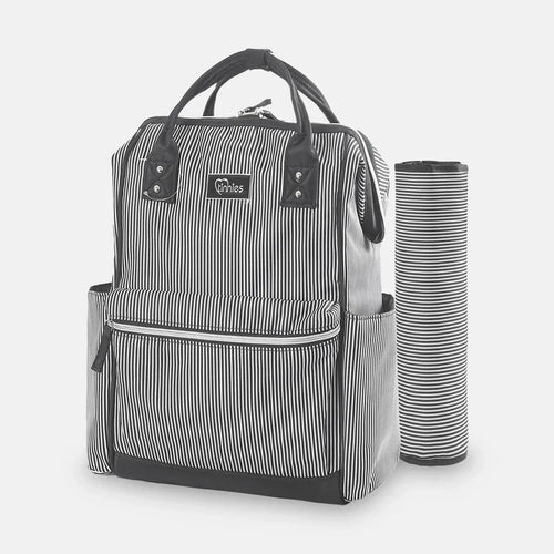 Black and white striped diaper bag with a matching changing pad on a light gray background