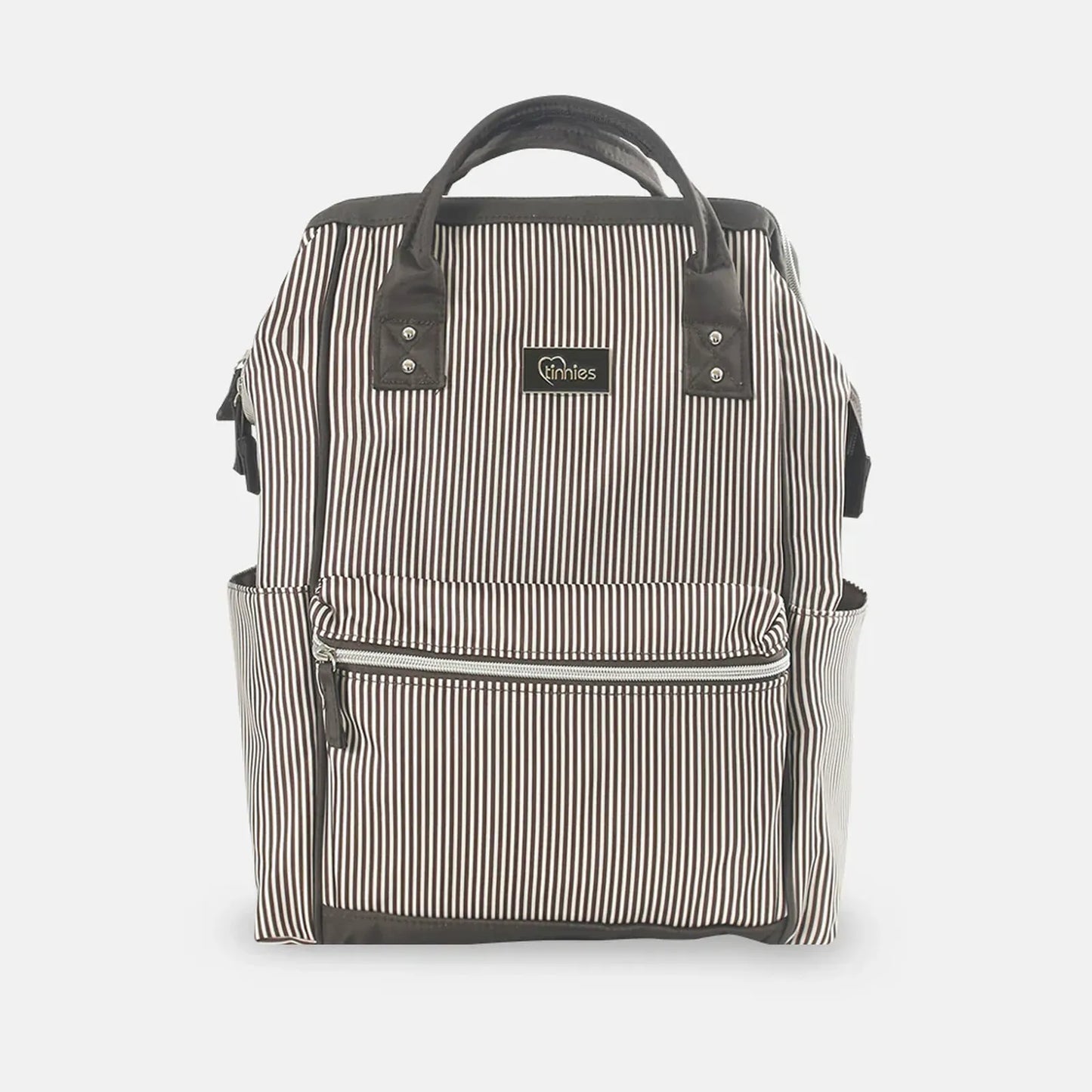 Black and white striped backpack with a visible brand logo on a light gray background