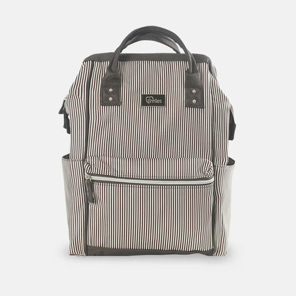 Black and white striped backpack with a visible brand logo on a light gray background