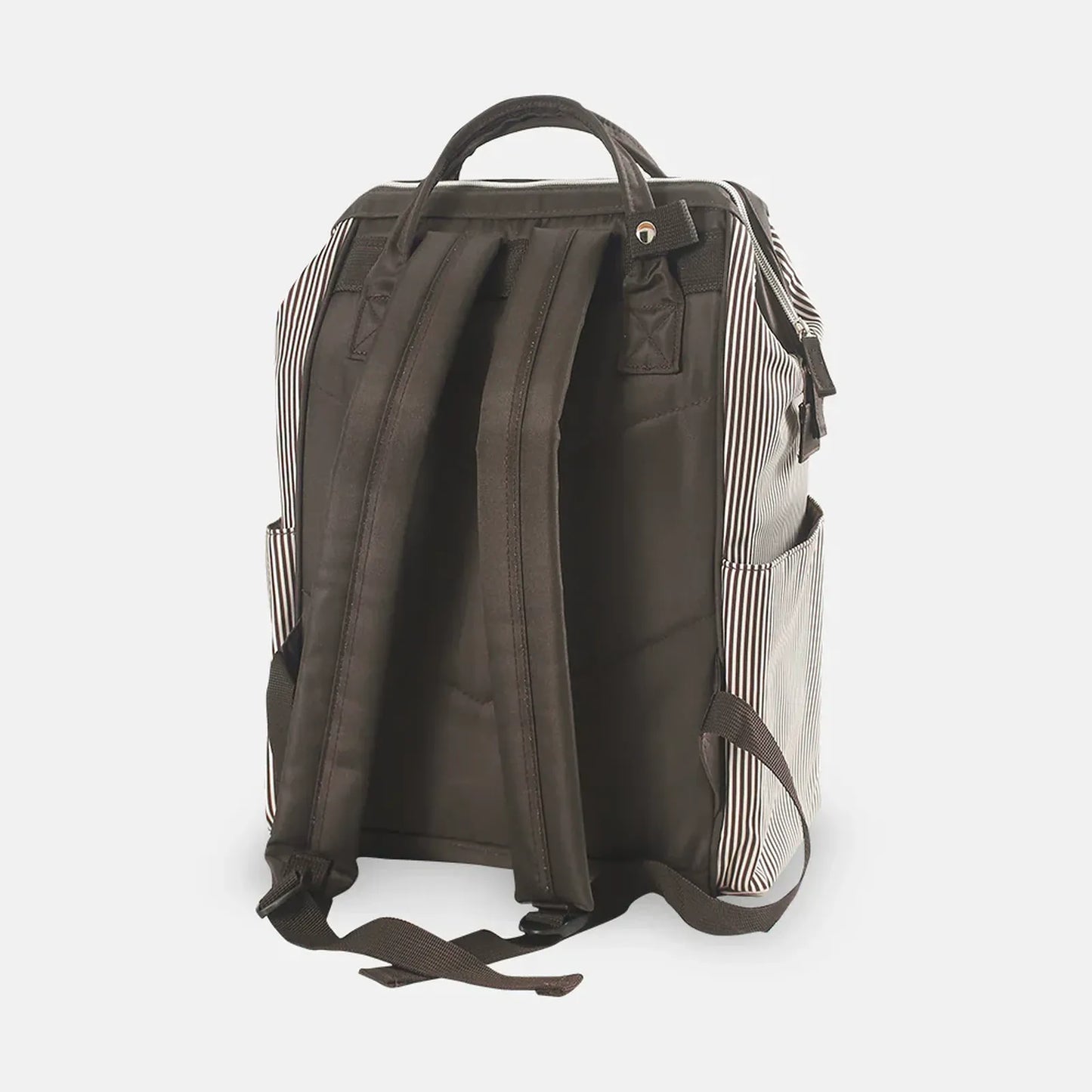 Brown backpack with striped side panels on a white background