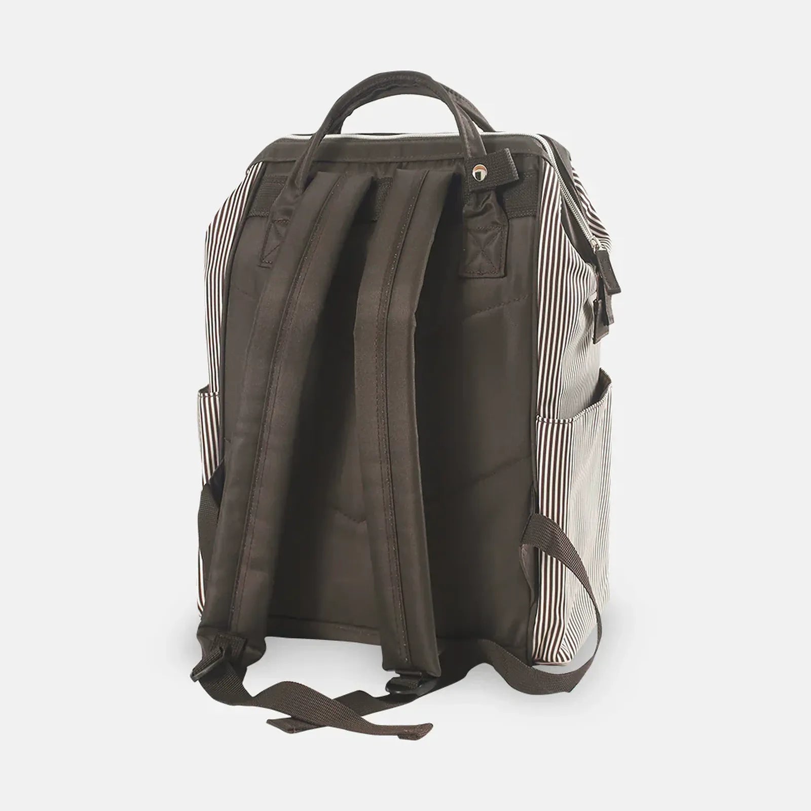 Brown backpack with striped side panels on a white background