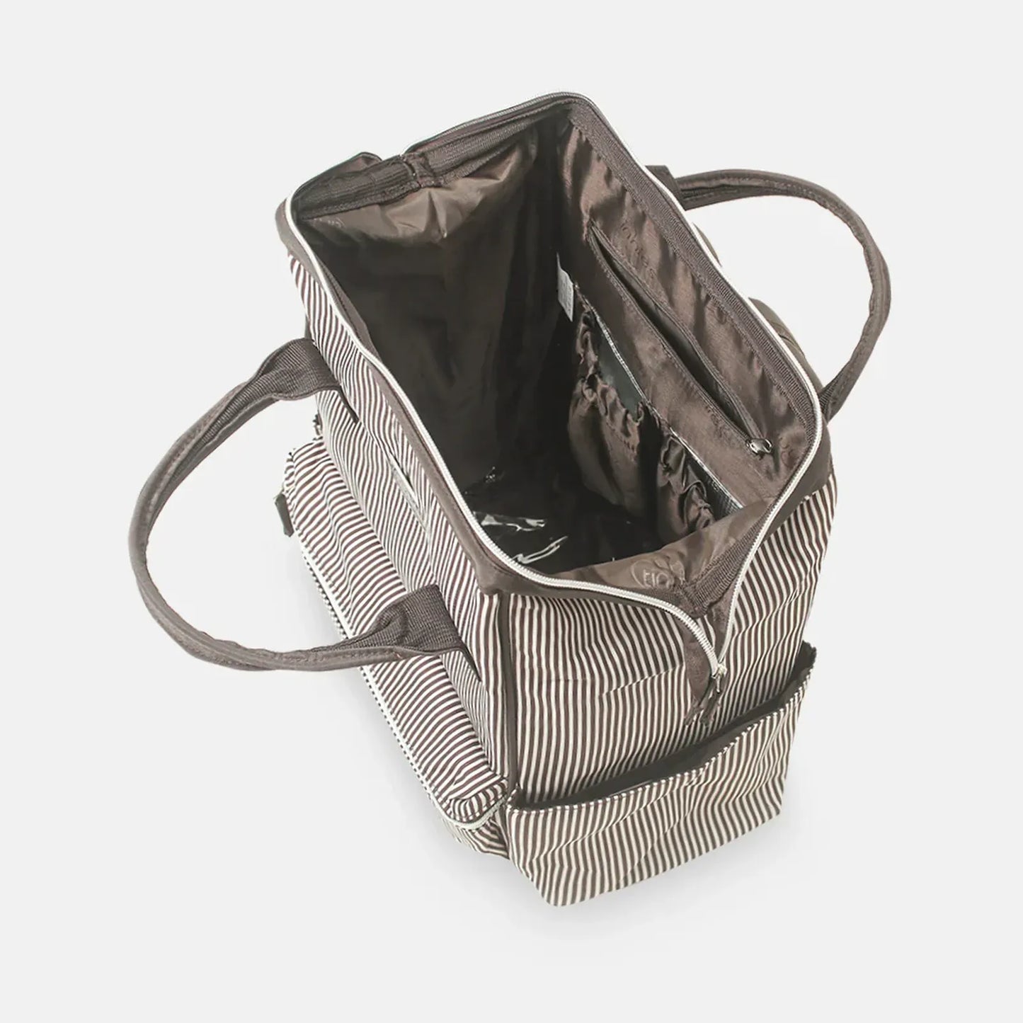 Open tote bag with striped pattern on a white background