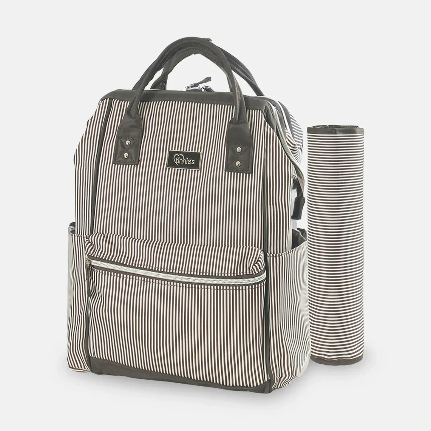 Striped backpack and matching water bottle on a white background