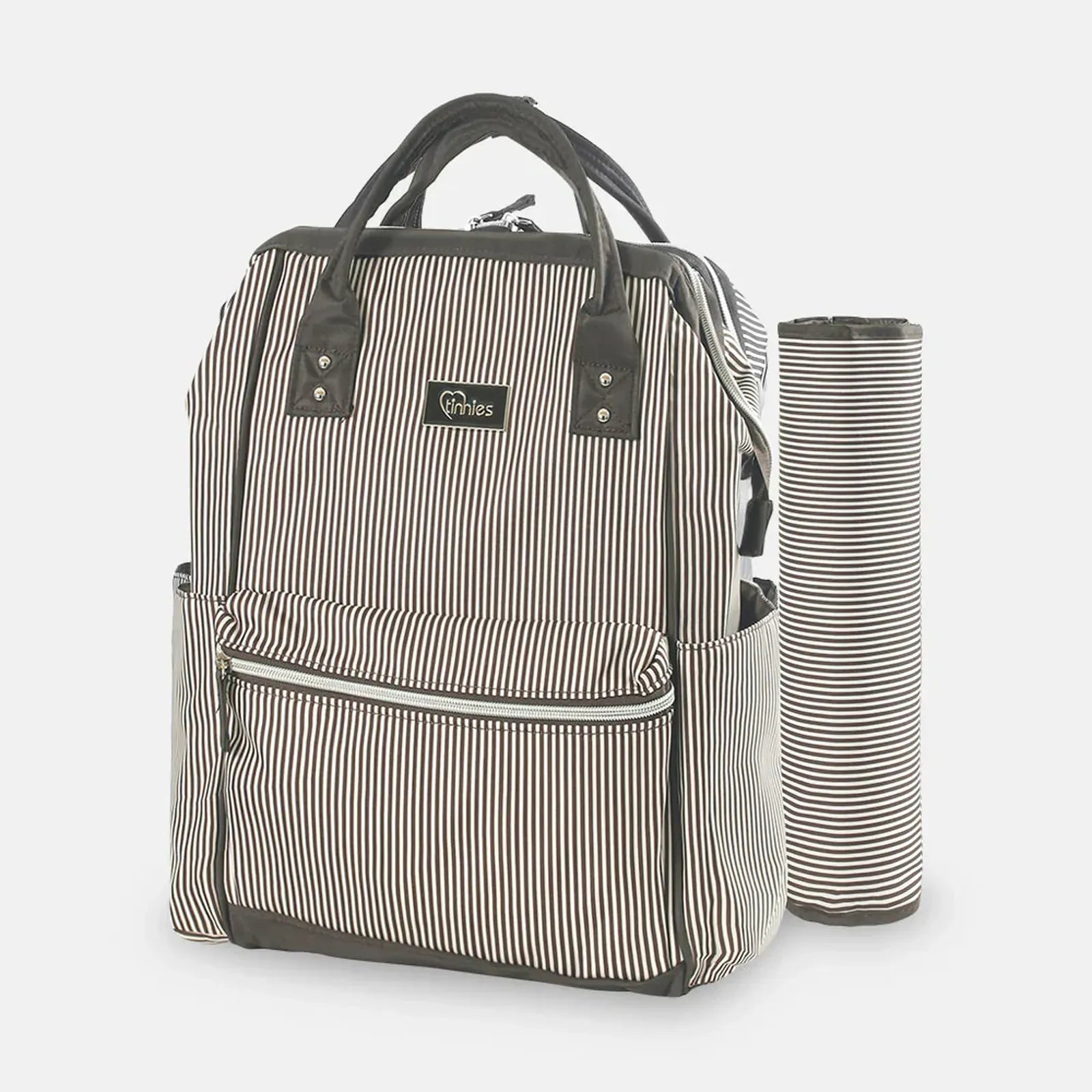 Striped backpack and matching water bottle on a white background