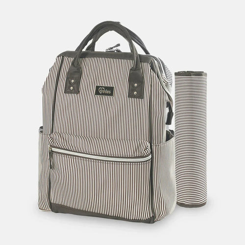 Striped backpack and matching water bottle on a white background