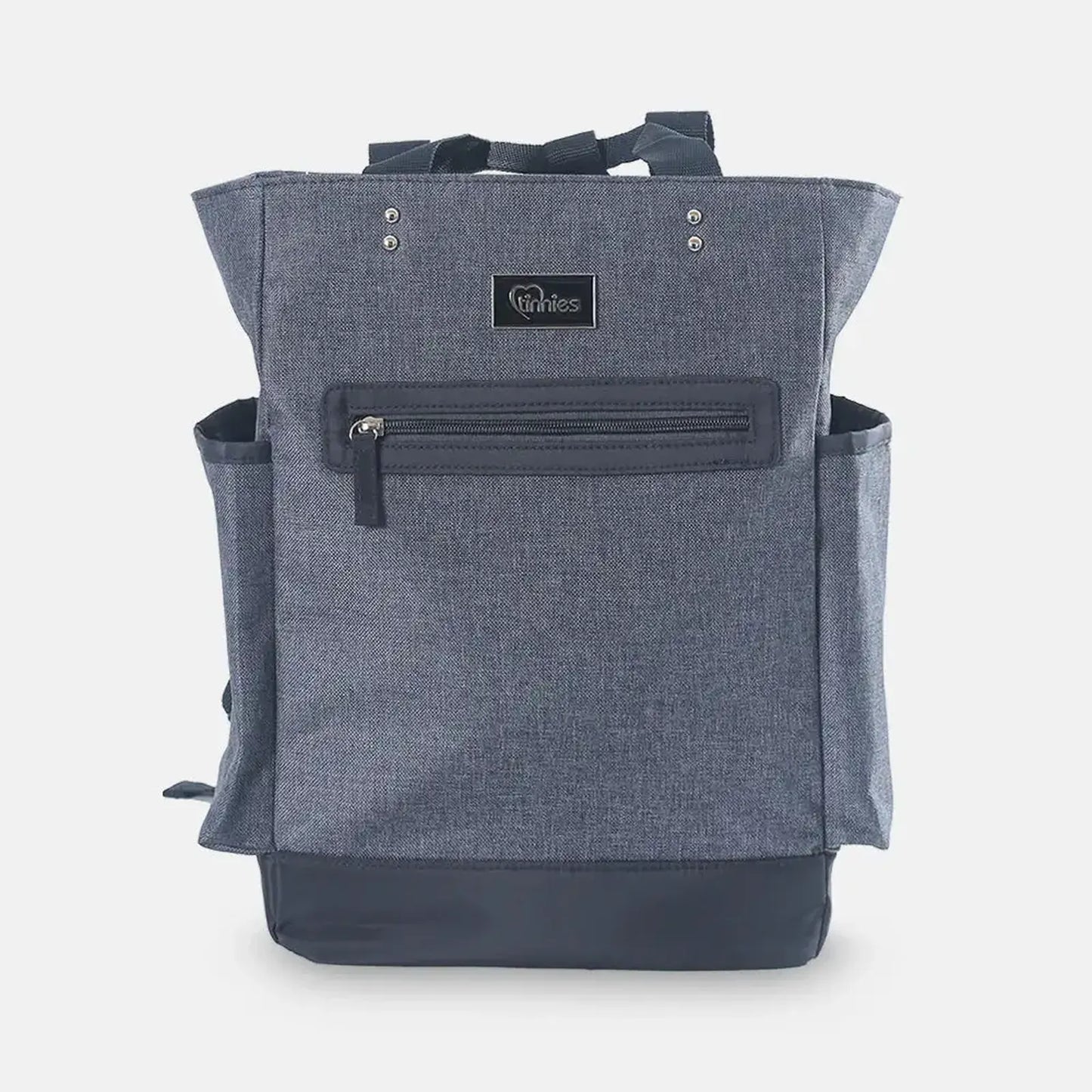Gray backpack with multiple pockets and a visible brand logo on a white background