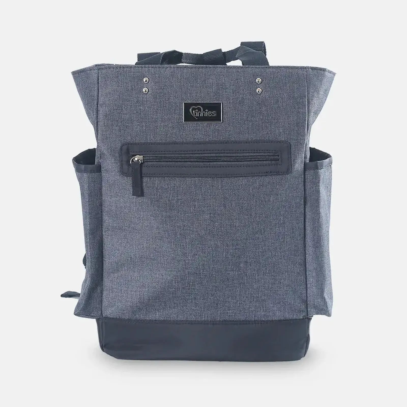 Gray backpack with multiple pockets and a visible brand logo on a white background