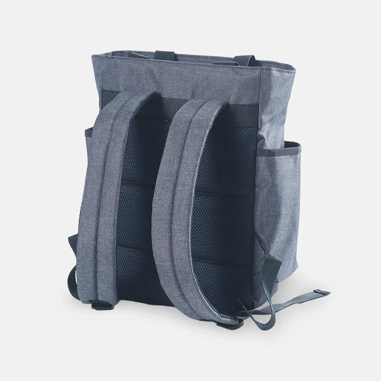 Gray backpack with multiple compartments on a white background