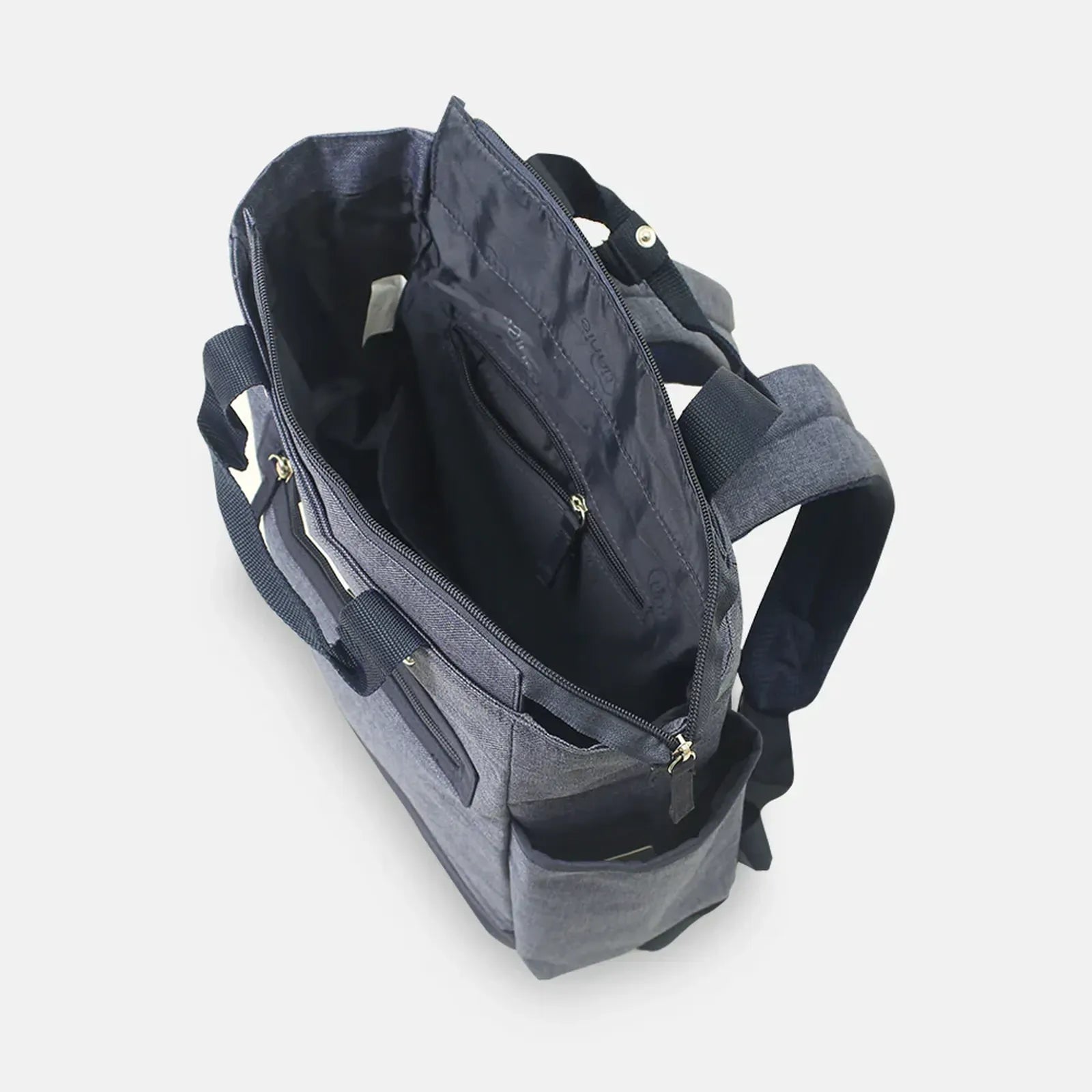 Gray backpack with open compartments on a white background