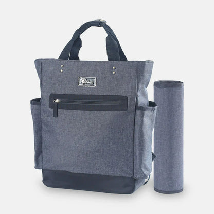 Gray backpack with a rolled-up mat on a light gray background
