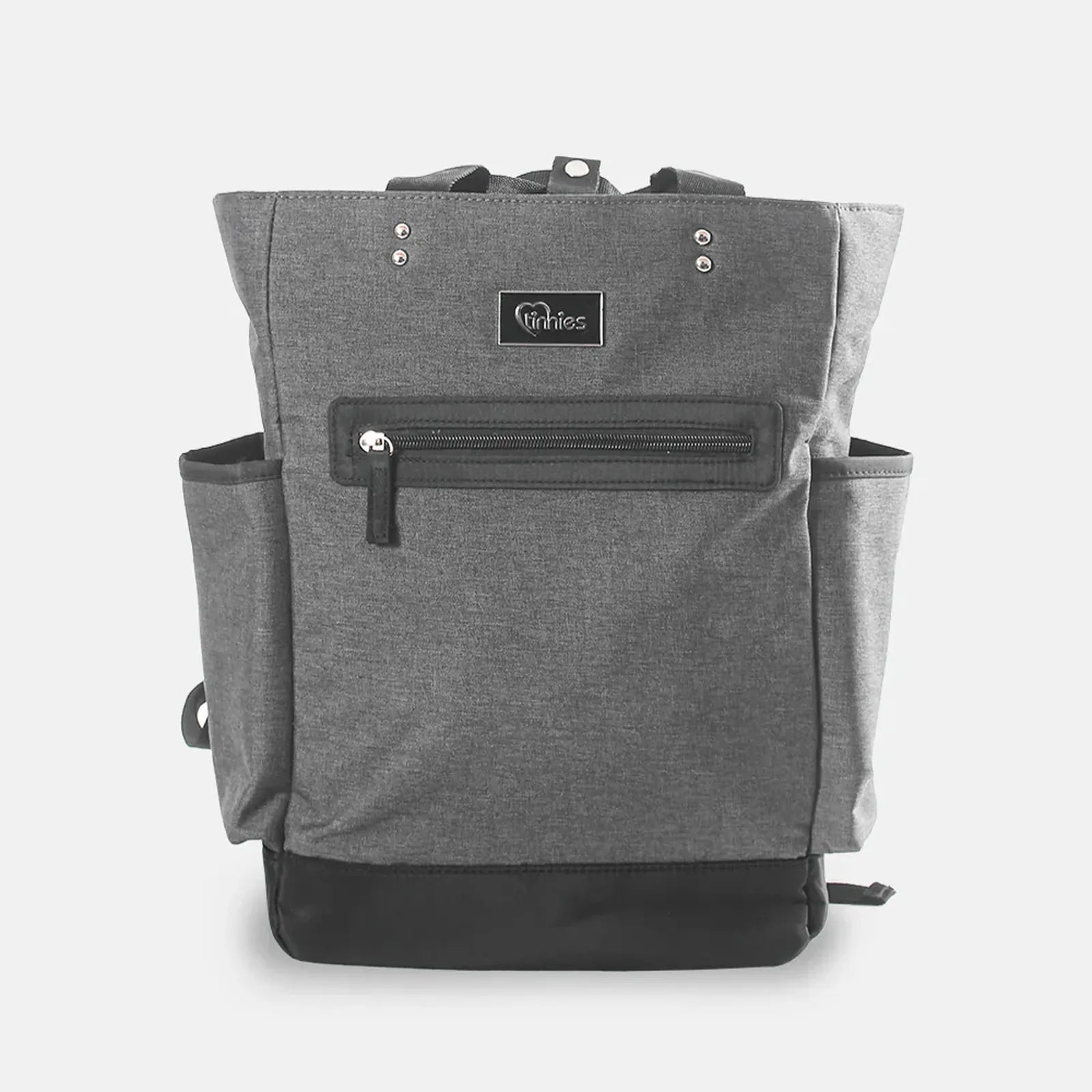 Gray backpack with a visible brand logo on a white background