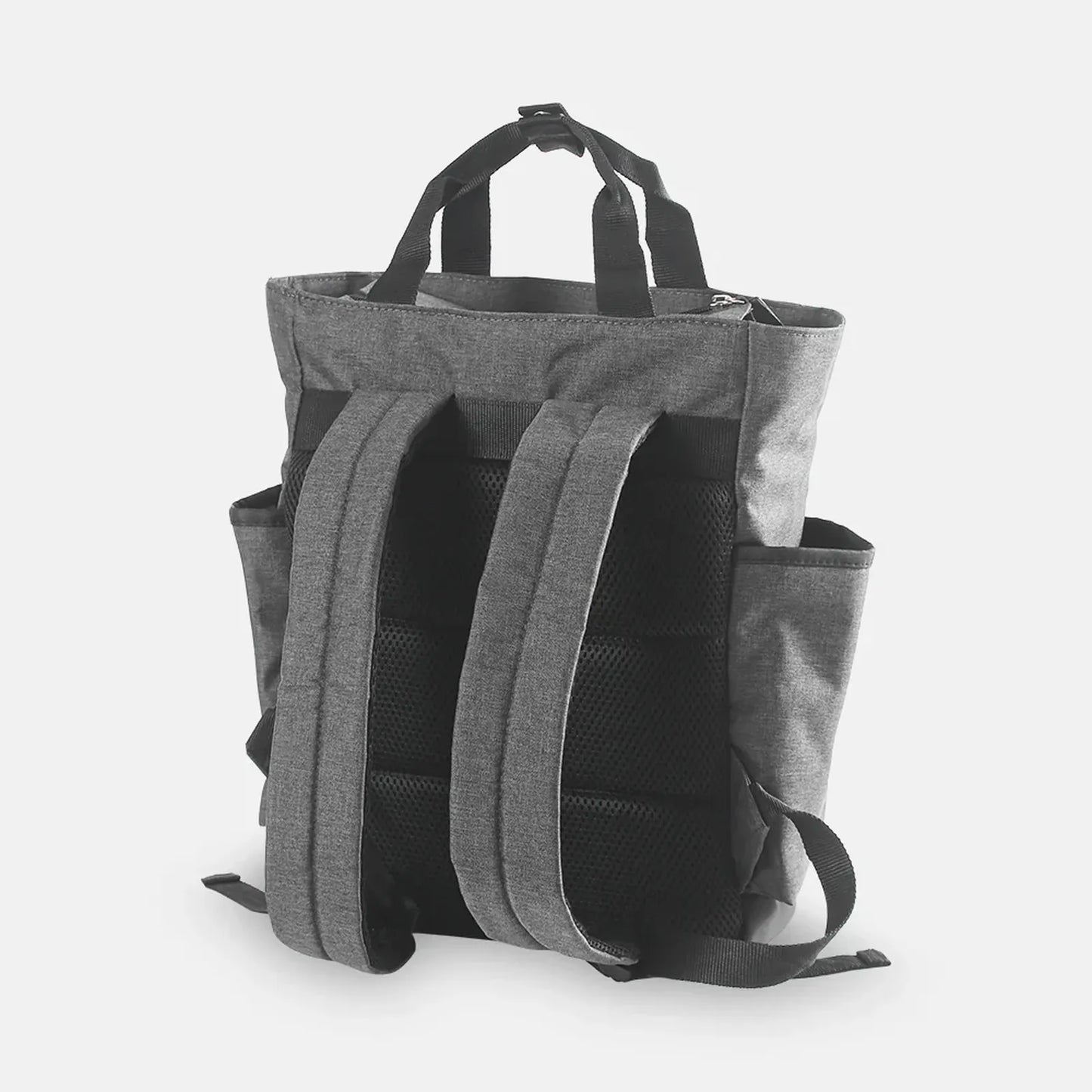 Gray backpack with multiple straps on a white background