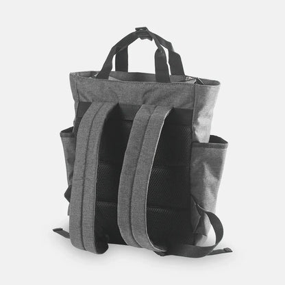 Gray backpack with multiple straps on a white background