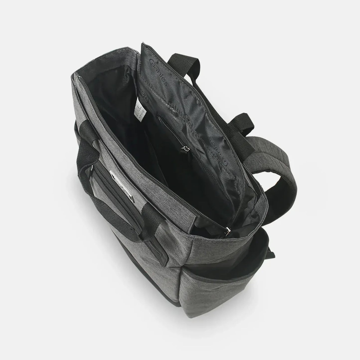 Gray backpack with multiple compartments on a white background