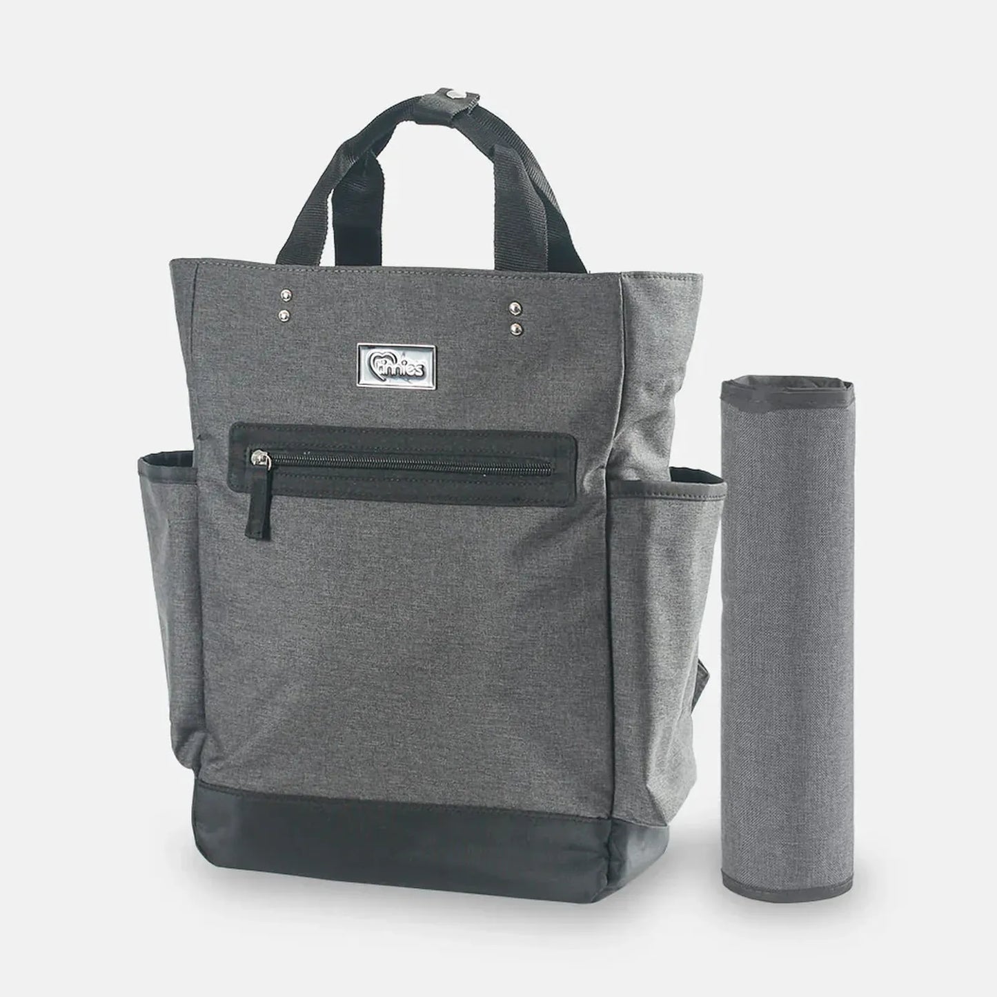 Gray backpack with a cylindrical mat on a white background