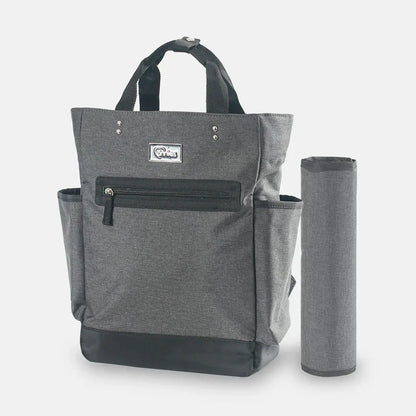 Gray backpack with a cylindrical mat on a white background