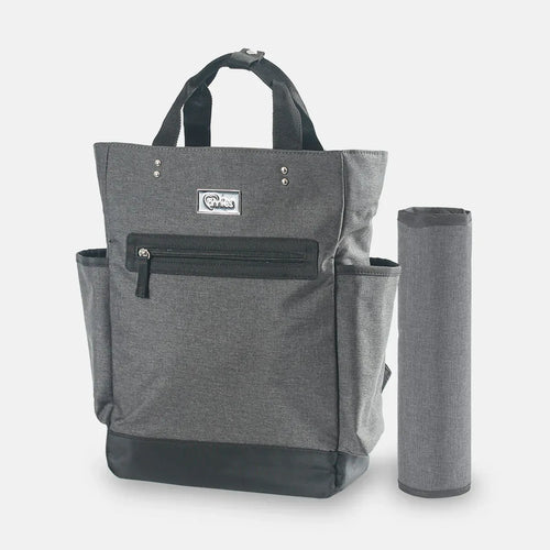 Gray backpack with a cylindrical mat on a white background