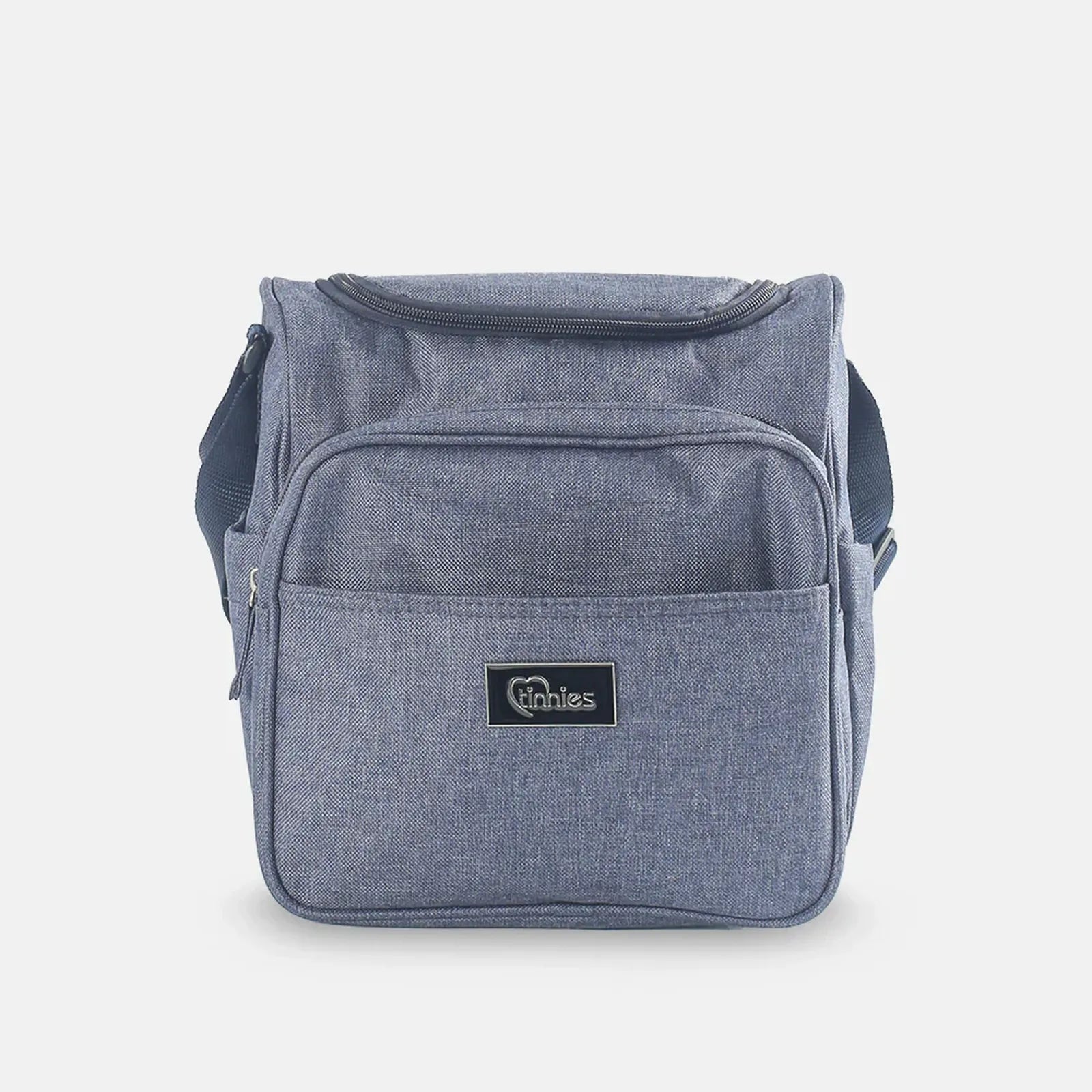 Blue denim-style bag with a visible brand logo on a light gray background