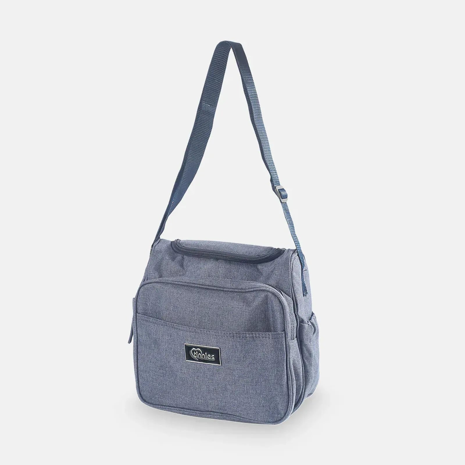 Blue shoulder bag with a visible brand logo on a white background