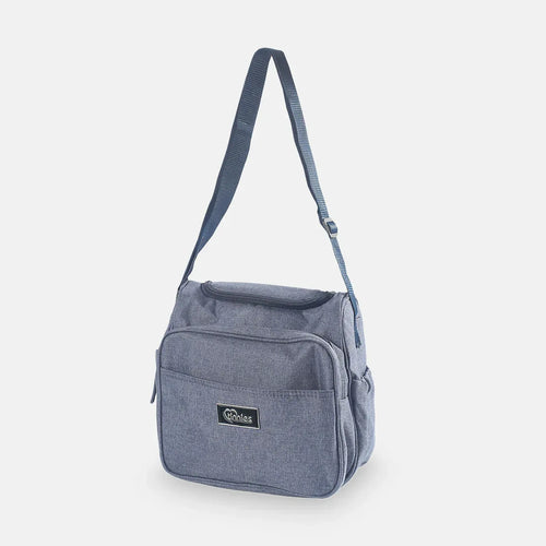 Blue shoulder bag with a visible brand logo on a white background