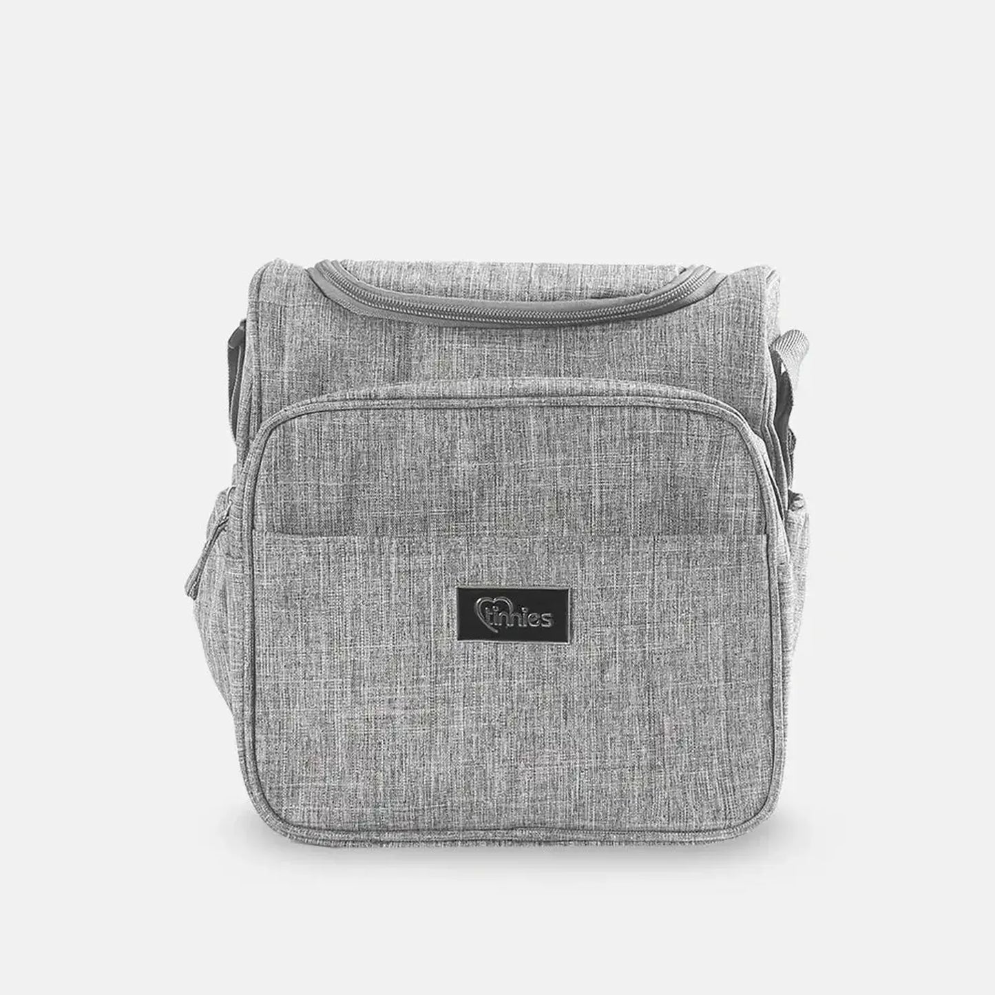 Gray textured diaper bag with a visible brand logo on a light gray background