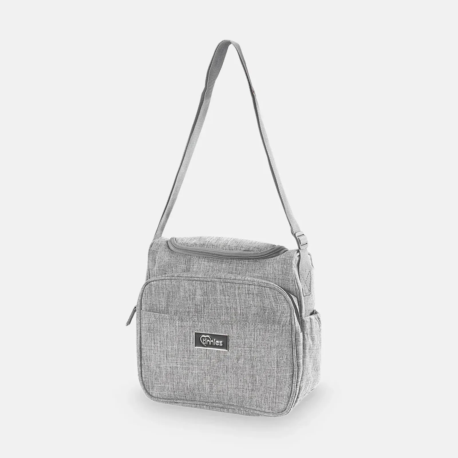 Gray shoulder bag with a visible brand logo on a white background