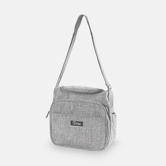 Gray shoulder bag with a visible brand logo on a white background