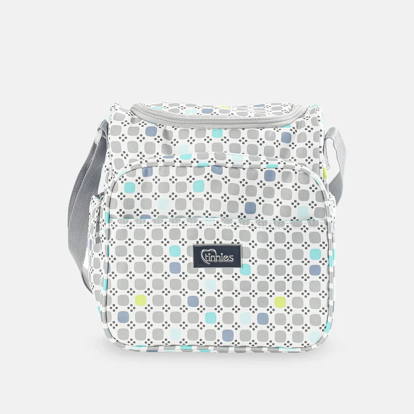 Patterned bag with a visible brand logo on a white background
