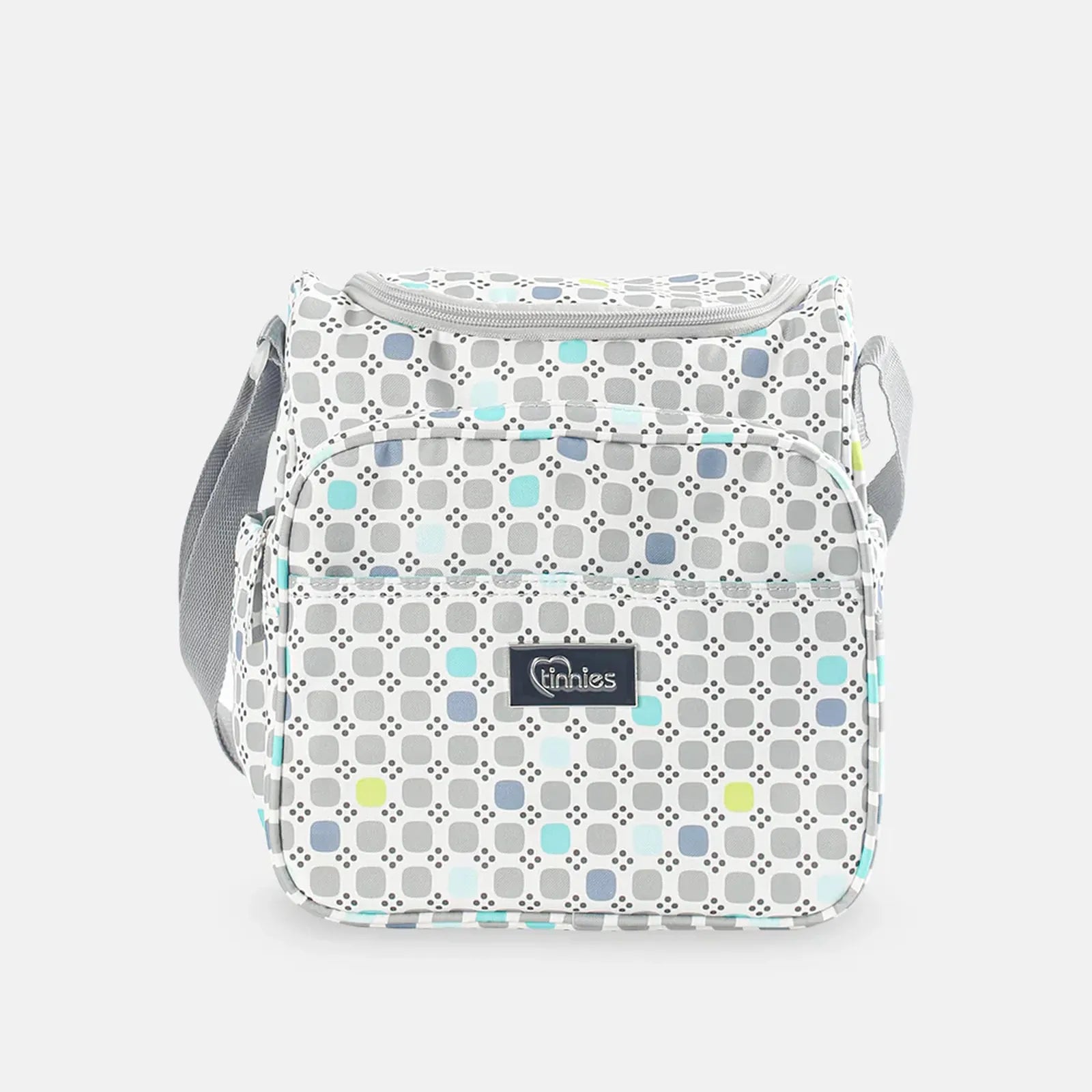 Patterned bag with a visible brand logo on a white background