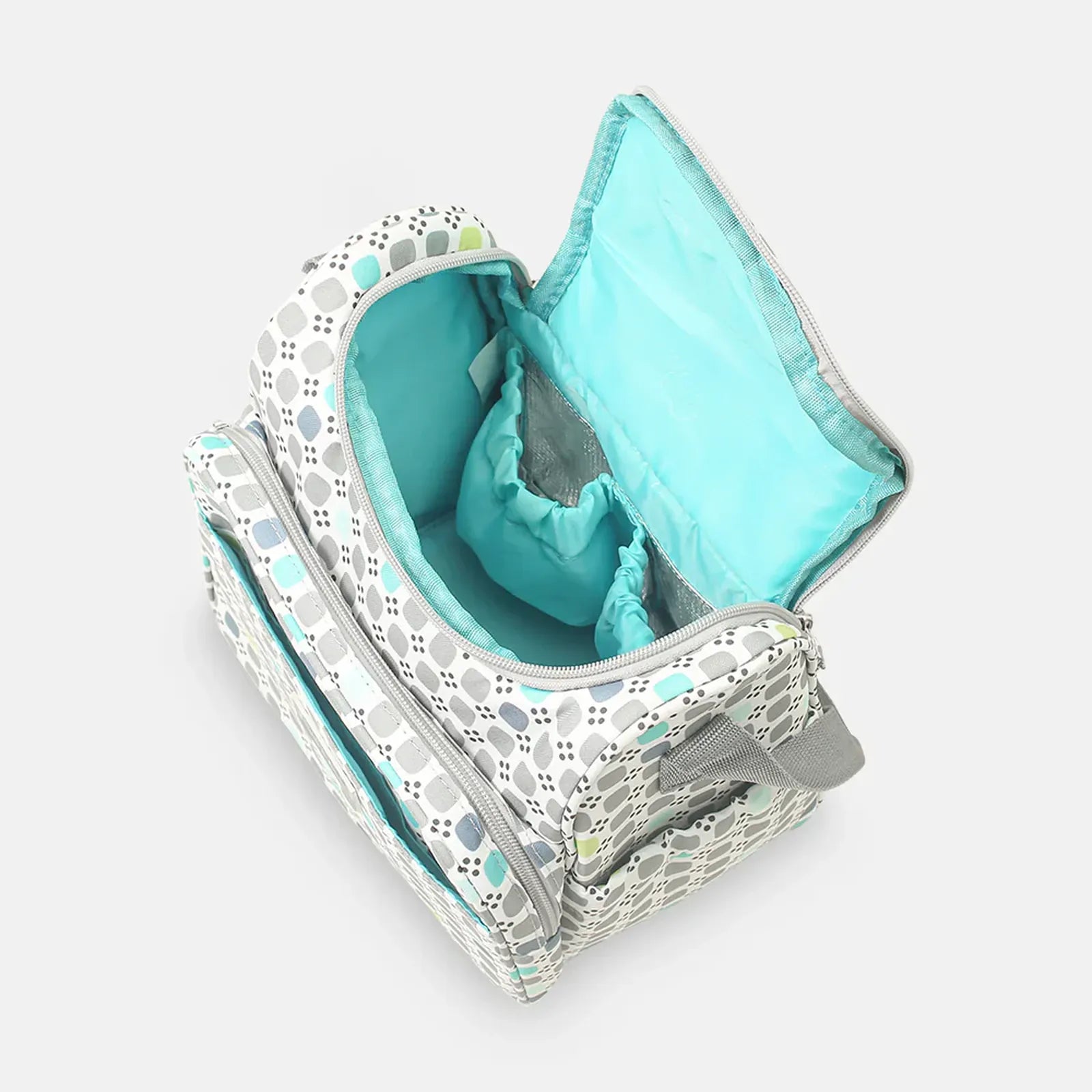 Cosmetic bag with gray and white patterned exterior and teal interior on a light gray background