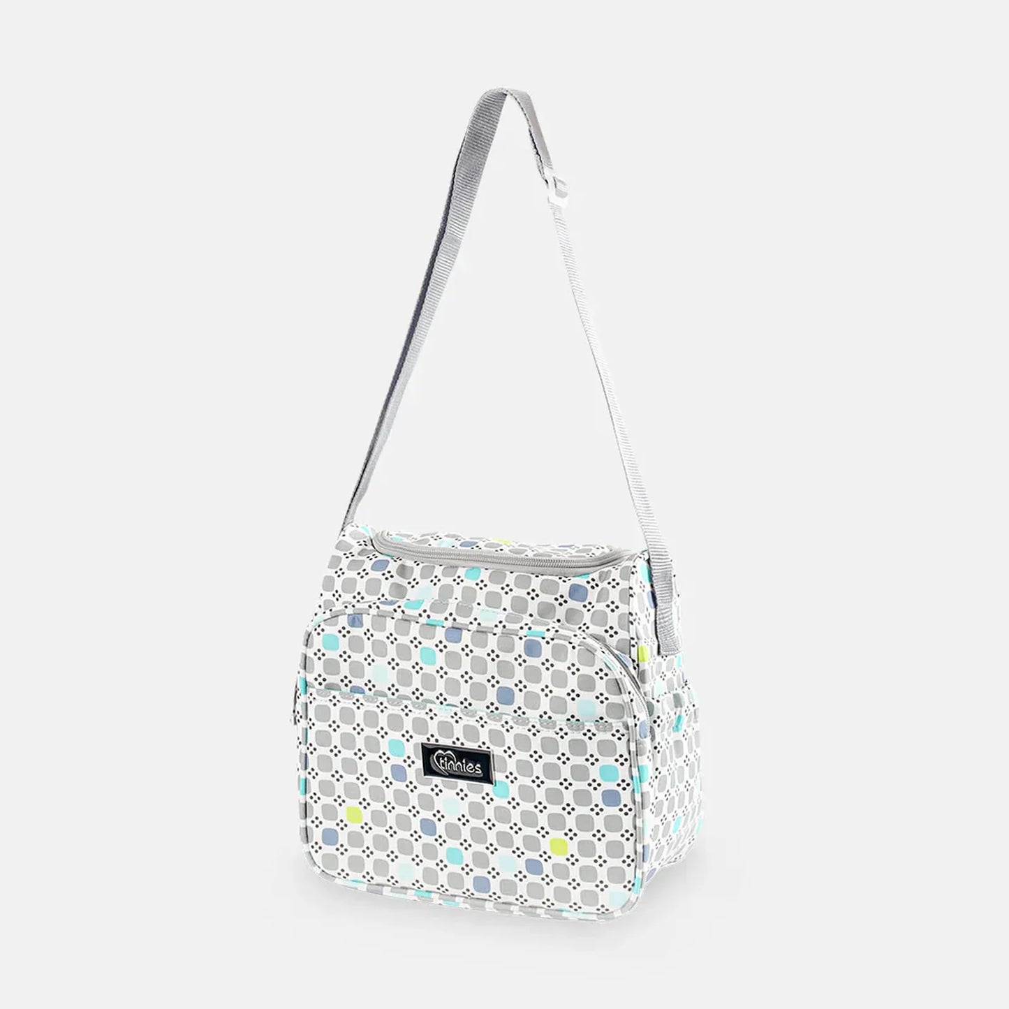 Patterned shoulder bag with a visible brand logo on a light gray background