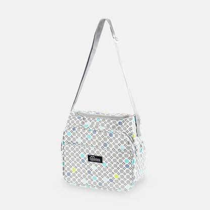 Patterned shoulder bag with a visible brand logo on a light gray background