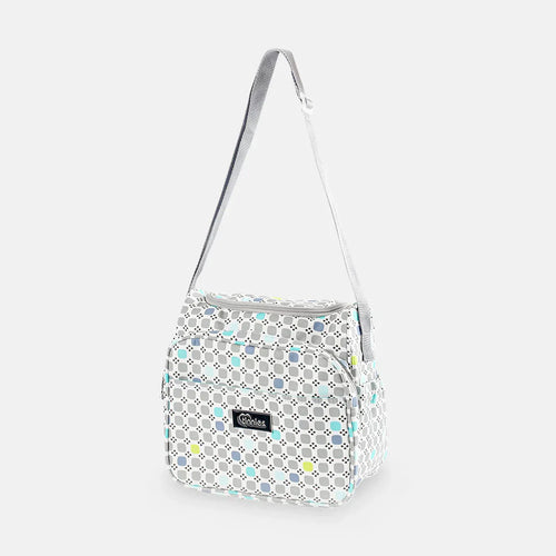 Patterned shoulder bag with a visible brand logo on a light gray background