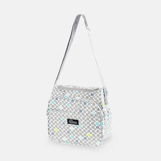 Patterned shoulder bag with a visible brand logo on a light gray background