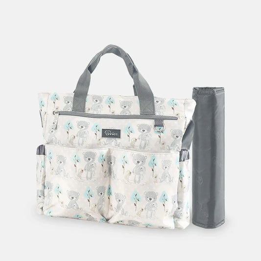 Patterned diaper bag with a gray strap on a white background