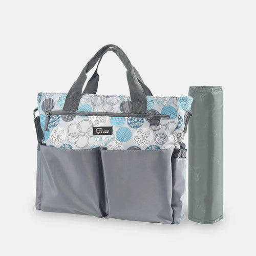 Gray tote bag with floral patterned side pocket on a white background