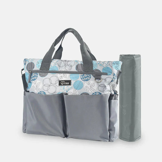 Gray tote bag with floral patterned side pocket on a white background